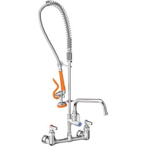 Commercial Kitchen Sink Faucets Wall Mounted Type Brass Constructed Polished Chrome Pre-Rinse Device 43" Height 8" Adjustable Center with Coilded Spring Pull Down Sprayer and 12" Add-on Spout