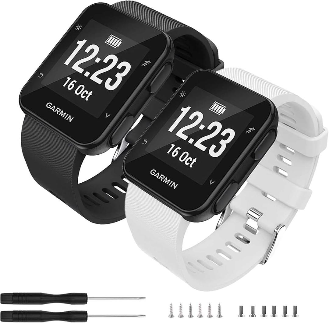 Watch Band for Garmin Forerunner 35, Soft Silicone Replacement Strap Compatible with Forerunner 35 Smart Watch, Fit 5.11-9.05 Inch (130-230 mm) Wrist (2-Black,White)