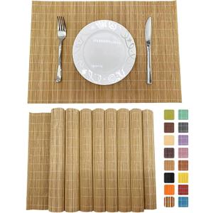 Set of 8 Pcs Bamboo Placemats Sushi Rolling Mat Japanese Style Natural Anti-Slip, Washable Heat-Resistant Table Mats for Dining Room and Kitchen, Brown