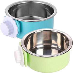 kathson Crate Dog Bowl, Removable Stainless Steel Hanging Pet Kennel Cage Bowl Food & Water Feeder Coop Cup for Puppy, Cat, Rabbit, Guinea Pigs Ferret Bird (2 Pack, Size: M, Blue and Green)