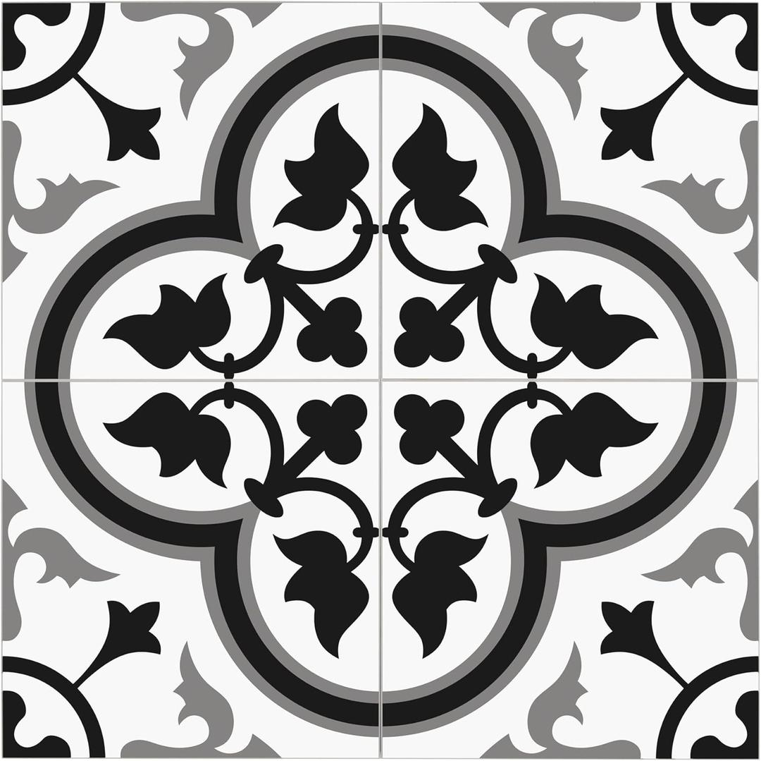 The Tiles Plaza Encaustic Peel and Stick Backsplash, Grey and White Patterned Vintage Stick on Tiles, Stone Composite Self-Adhesive Wall Tile Sticker for Kitchen Bathroom Fireplace Stairs, 10 Sheets, Grey and White