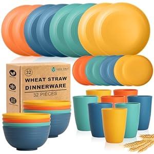 Homienly Dinnerware Set 32-Piece Wheat Straw Dinnerware Sets Unbreakable Reusable Dinnerware Set Kitchen Cups Plates and Bowls Sets, Microwave and Dishwasher Safe Dishes for Camping, Outdoor-Colorful