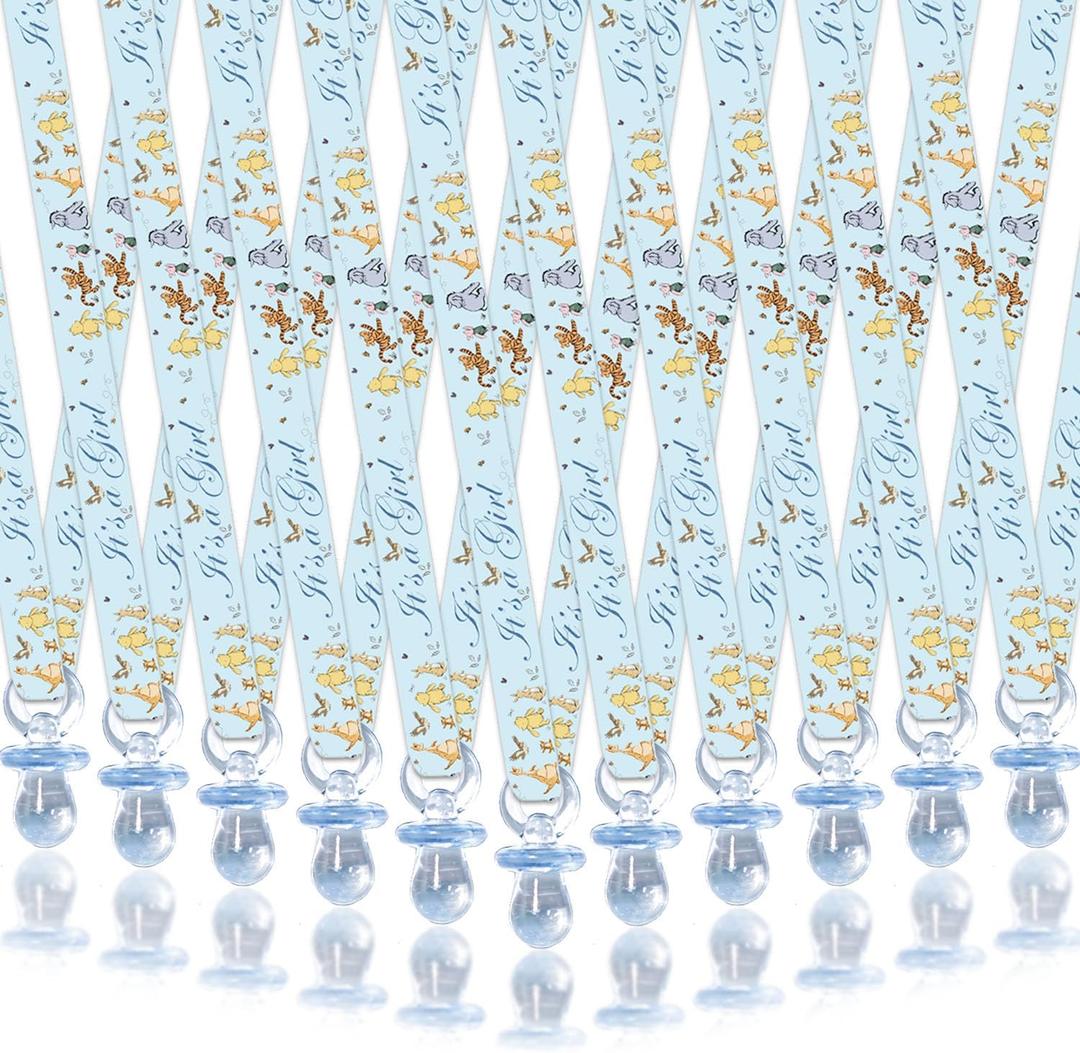 Winnie Baby Shower Pacifiers Necklace for Girls, It's a Girl Baby Shower Favors, 30 Blue Acrylic Pacifiers with Blue-Ribbon, Pooh Pacifier-Necklace Gifts, Girl Bear Party Decorations