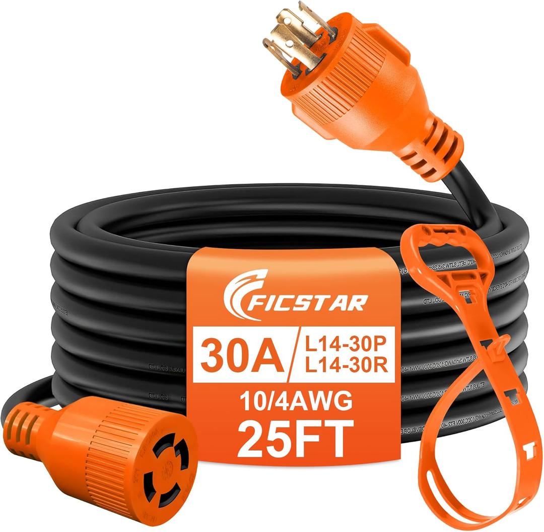 25 Ft 30 Amp 4 Prong Generator Extension Cord, NEMA L14-30P to L14-30R, 410 Gauge STW 125/250V Up to 7500W Generator Cable, ETL Listed (Orange)