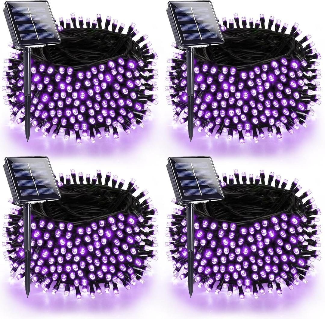 4 Pack Purple Solar Halloween Lights Outdoor Waterproof, 180FT 320 LED Solar String Lights with Green Wire 8 Modes Solar Fairy Twinkle Light for Tree Bush Garden Horror Party Halloween Decorations