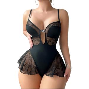 SOLY HUX Women's Lace Bodysuit Lingerie Deep V Neck Tie Back Spaghetti Strap Teddy Nightwear, L
