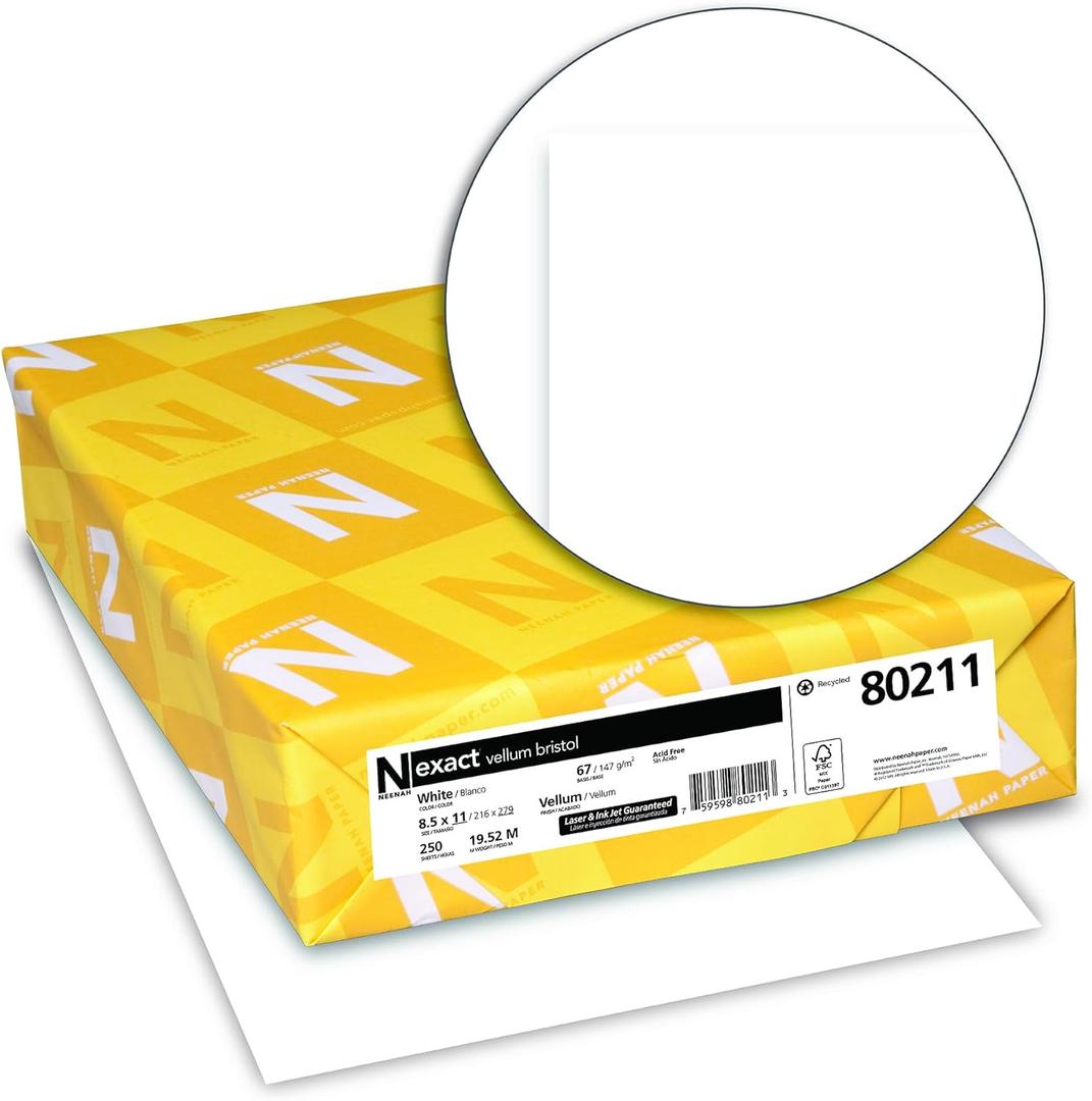 Wausau Papers Neenah Exact Vellum Bristol, 8.5" x 11", 67 lb/147 GSM, White, 94 Brightness, 250 Sheets (80211)
