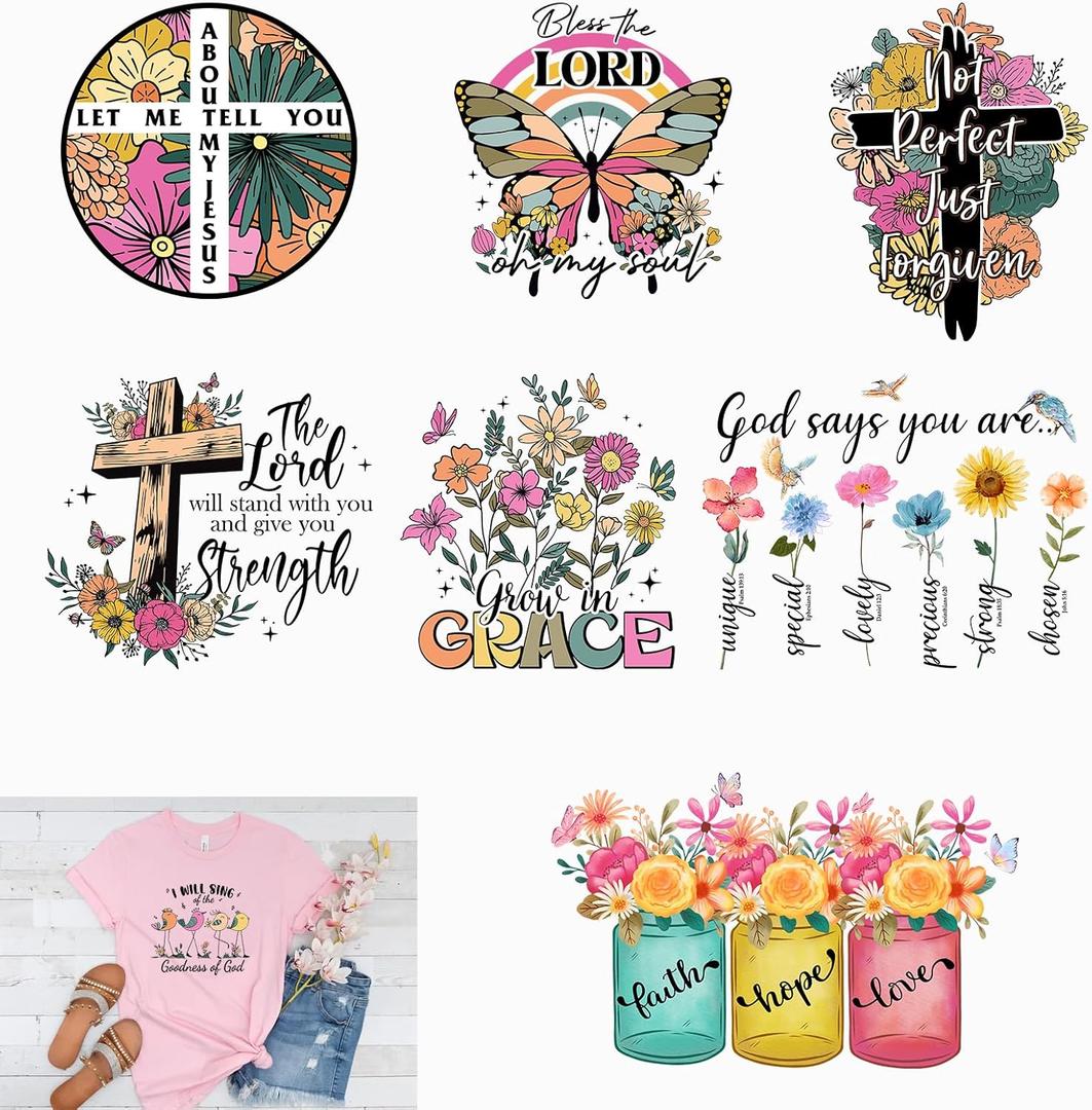 20 Pcs Lord Iron on Decals for Clothing Jesus Flowers Iron on Patches Heat Transfer Stickers for Jackets Dresses T-Shirts Washable DIY Art Decorations DTF Transfers Ready to Press