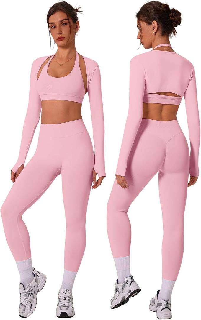 3 Piece Workout Sets for Women Seamless Halter Sports Bra High Waist Leggings Long Sleeve Shrug Gym Yoga Outfits, Small