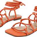 PiePieBuy Womens Lace up Square Toes Flat Sandals with Ankle Strap Summer Criss-Cross Gladiator Shoes (7.5, 1-snake Print)