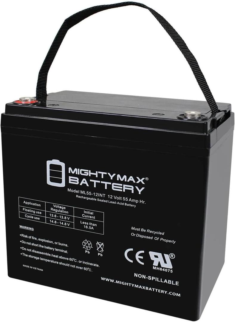Mighty Max Battery ML55-12INT -12 Volt 55 AH, Internal Thread (INT) Terminal, Rechargeable SLA AGM Battery