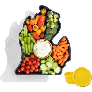 Michigan Serving Tray - Unique 7 Compartment Mitten State Snack Tray w/Dressing Cup. Great for Entertaining Food Storage for Chips & Dip, Fruits & Veggies. Party Serving Platter (Blue Maize)