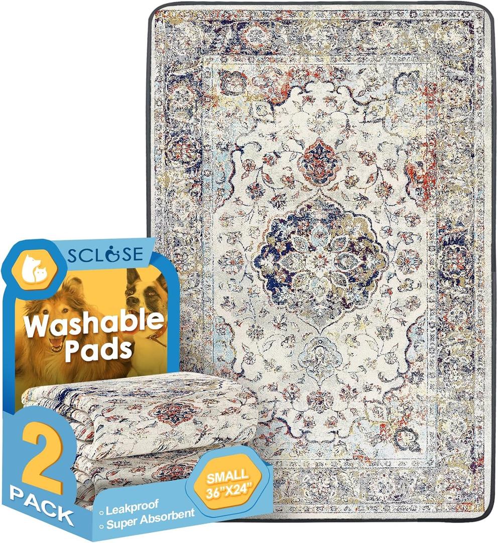 Washable Pee Pads for Dogs 2 Pack, 36" x 24" Reusable Puppy Pads Waterproof, Super Absorbent Dog Rugs, Leakproof, Dog Crate Pad, Playpen Mat, Whelping Pads, Vintage Medallion