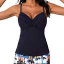 MiYang Twist Front Tankini Swimsuits for Women 2025 Flattering Tummy Control Ribbed Two-Piece Bathing Suits (X-Large, Sunset Palm Silhouette)