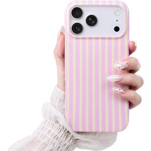Compatible with iPhone 17 Pro Case,Cute Aesthetic Striped Pattern Cover for Women Girls,Soft TPU Shockproof Protective Stylish Kawaii Case for iPhone 17 Pro 6.3",Pink/Yellow