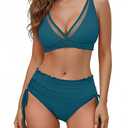 Blooming Jelly Womens Bikini Sets Two Piece Swimsuit Sexy Bathing Suits Tummy Control Modest Mid Rise Bottom(Blue-Green,Large)