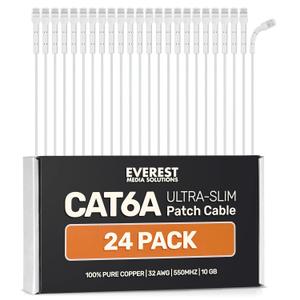 Everest Ultra Slim Cat6a Ethernet Patch Cables 10ft (24-Pack) White - 10GB Cat 6a Patch Cable - Bendable, Flexible & Thin Ethernet Cable - Space Saving 32AWG 550MHZ Cat6a Cables - 100% Copper Wires