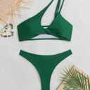 Sexy Brazilian Thong High Cut Bikini Sets for Women One Shoulder Cutout Swimsuits 2 Pieces (Green, M)