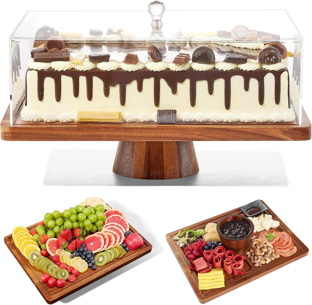 Cake Stand with Lid-Acacia Wood Cake Stand,2-in-1 Shatterproof Serving Platter & Charcuterie Board with Lid, Dessert Table Display for Party,Fruit Tray,Cheese,Veggie,Large Rectangular Cake Dome Cover (Rectangular 17x13x9)
