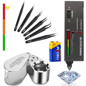 Diamond Tester Pen, 40X Full Metal Jewelers Eye Loupe,6PCS Precision Upgraded Anti-Static Stainless Steel Curved of Tweezers Set,Professional Diamond Selector for Novice and Expert