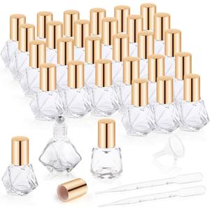 30 Pcs 8ml/0.27oz Essential Oil Roller Bottles Glass Polygonal Roller Bottles Empty Cosmetic Vials Containers with Stainless Steel Roller Balls for Travel Perfume Essential Oil, 2 Dropper, 1 Funnel