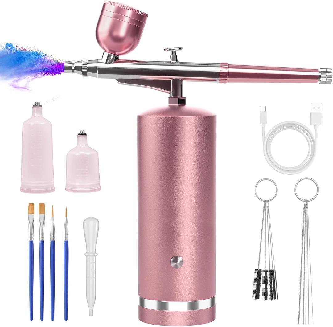 Airbrush Kit With Compressor - 48PSI Rechargeable Cordless Non-Clogging High-Pressure Air Brush Set with 0.3mm Nozzle and Cleaning Brush Set for Nail Art, Makeup, Painting, Cake Decor (Pink)