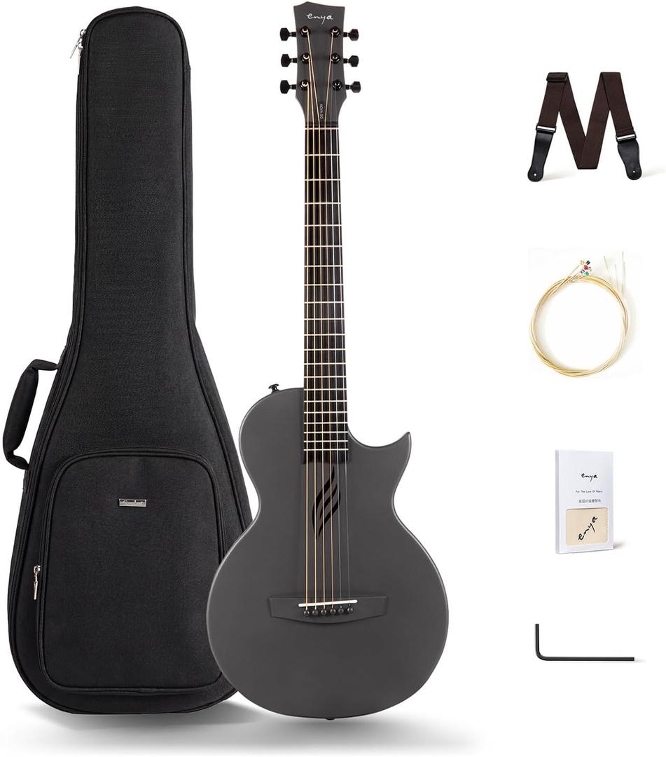 Enya Nova Go Carbon Fiber Travel Acoustic Guitar | 1/2 Size Lightweight Moisture-Proof Guitara | Adult & Beginner Portable Guitar with Gig Bag & Accessories (Black) (35 Inch-Acoustic)