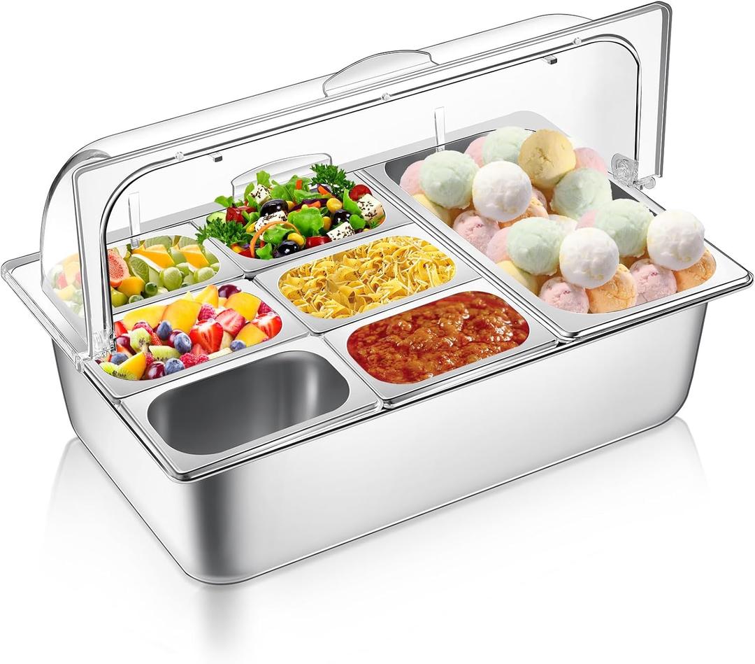 Ziliny Ice Food Serving Display Container 7 Pans Cooled Condiment Dispenser and Clear Roll Top Cover Stainless Steel Buffet Serving Tray Salad Bar Cooler Spice Food Display Rack for Buffet, 22.1" X 14.6" X 8.7"