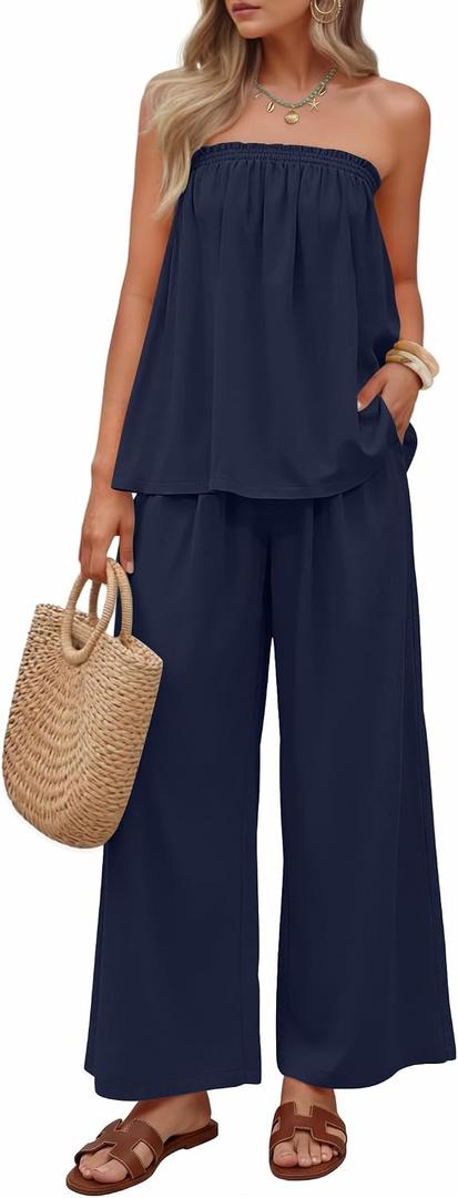 ZESICA Women's Summer 2 Piece Sets 2026 Spring Casual Strapless Tube Top Wide Leg Pants Ruffle Beach Vacation Outfits, Size S