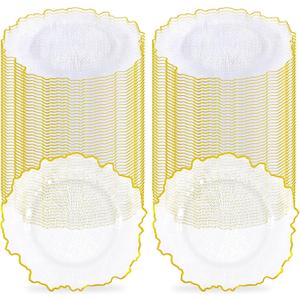 100Pcs Clear Charger Plates Bulk Wedding - 13" Premium Plastic Ruffled Gold Rim Chargers with Flora Reef Design，Decorative Dinner Charger Plates for Events & Parties