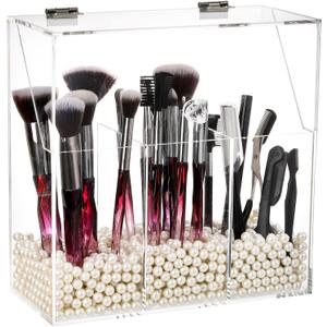 Okllen Makeup Brush Holder with Dustproof Lid, White Pearls, Acrylic Clear Makeup Brush Organizer with 3 Compartment, Large Cosmetic Brush Storage Box Case for Vanity, Bathroom, Bedroom