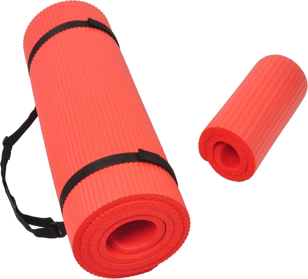 All Purpose 1/2-Inch Extra Thick High Density Anti-Tear Exercise Yoga Mat and Knee Pad with Carrying Strap, Multiple Colors (Red)