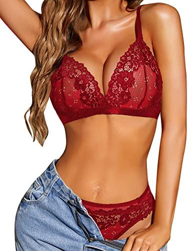 RSLOVE Lingerie for Women Sexy Floral Lace Bra and Panty Sets Two Piece Babydoll, Red, Large