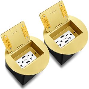 Kanayu 2 Pack Gold Recessed Floor Outlet, 3.98"x 3.66" x 3.15" 1-Gang, Round Receptacles Duplex with 4.8A USB Chargers 20A TR Device and Adjustable Steel Box, Electrical Outlet Kit, Etl Listed