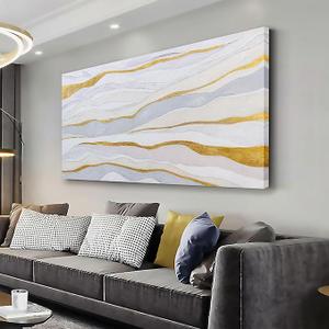 AERART Abstract Wall Art White and Gold Wave Lines Canvas Print Artwork Abstract Wall Decor Paintings for Living Room Bedroom Office Home Decor 29x58 Inch