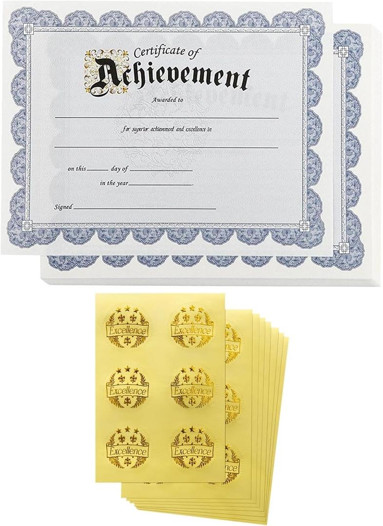 Certificate of Achievement Award and Seal Stickers (Blue, 8.5 x 11 in, 48-Pack)