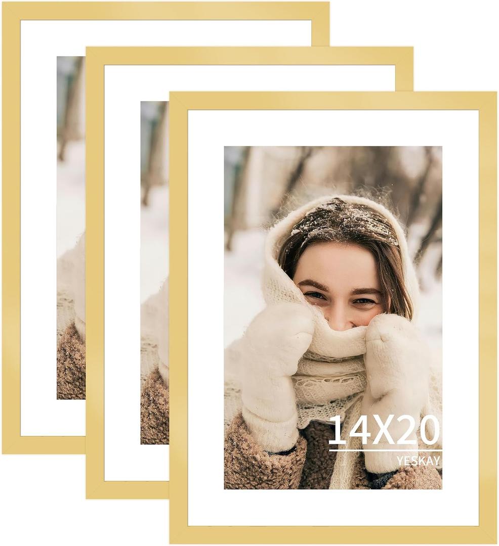 YESKAY 14x20 Picture Frame 3 Pack - Gold Poster Frame Display Pictures 11x17 with Mat or 14 x 20 Without Mat for Wall Hanging Horizontal and Vertical