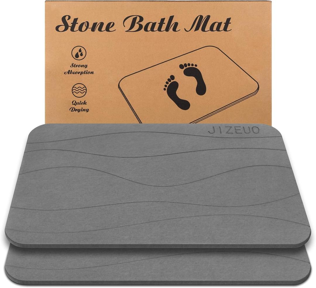 Stone Bath Mat, Diatomaceous Earth Shower Mat, Non-Slip Super Absorbent Quick Drying Bathroom Floor Mat2 Pack, Grey