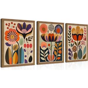 Framed Colorful Floral Wall Art Set of 3, Abstract Scandinavian Flower Canvas Wall Decor Paintings, Mid Century Modern Botanical Artwork Pictures Prints for Living Room Bedroom Dining Room 16x24 Inch, 24L" x 16W"