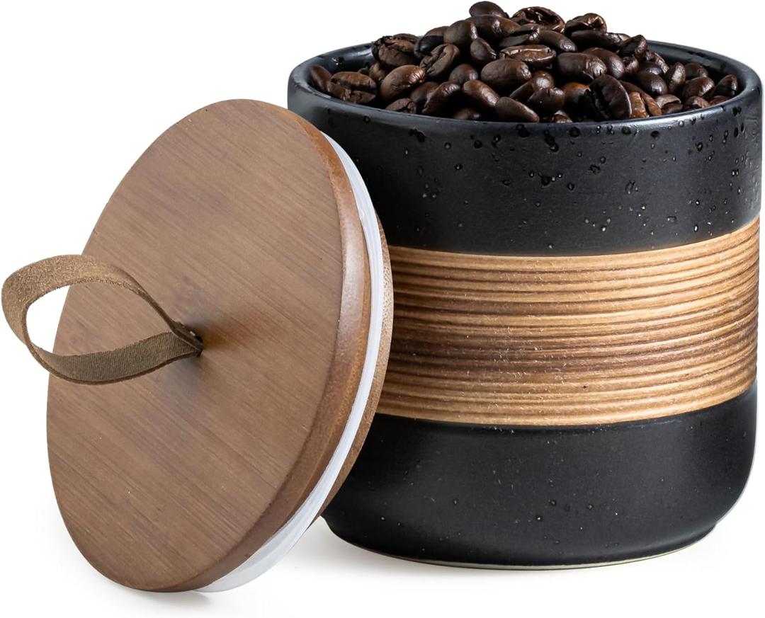 Miamolo Ceramic Jar with Lid, Coffee Container Kitchen Food Storage Jars for Spice Sugar Tea Bag, Stackable Decorative Jars for Countertop, Black & 18 fl.oz