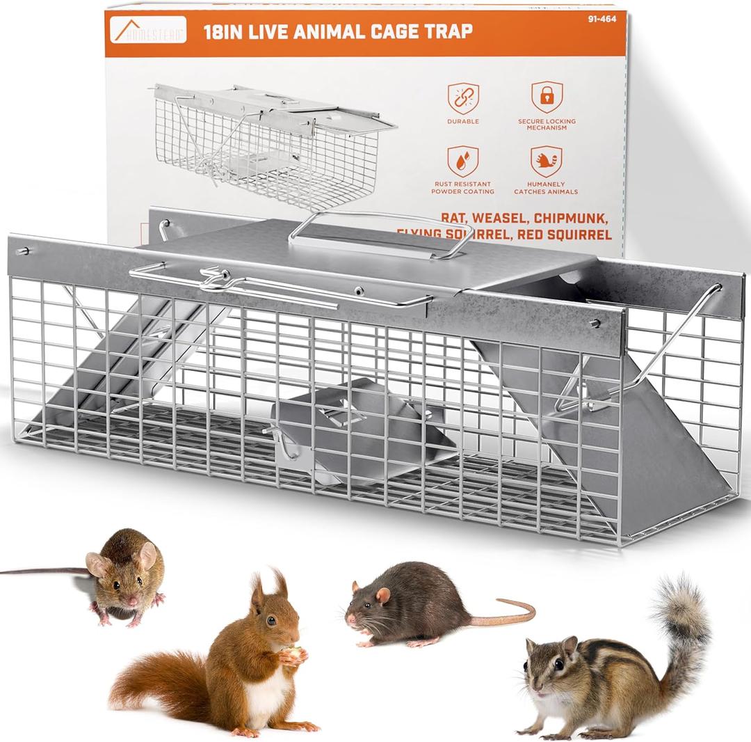 HOMESTEAD Live Rat Trap Indoor/Outside - Squirrel Trap, Have A Heart Animal for Chipmunk, Small Rabbits, Weasel and Similar-Size Rodents, 18"x5"x5", 2 Doors, Fully Assembled