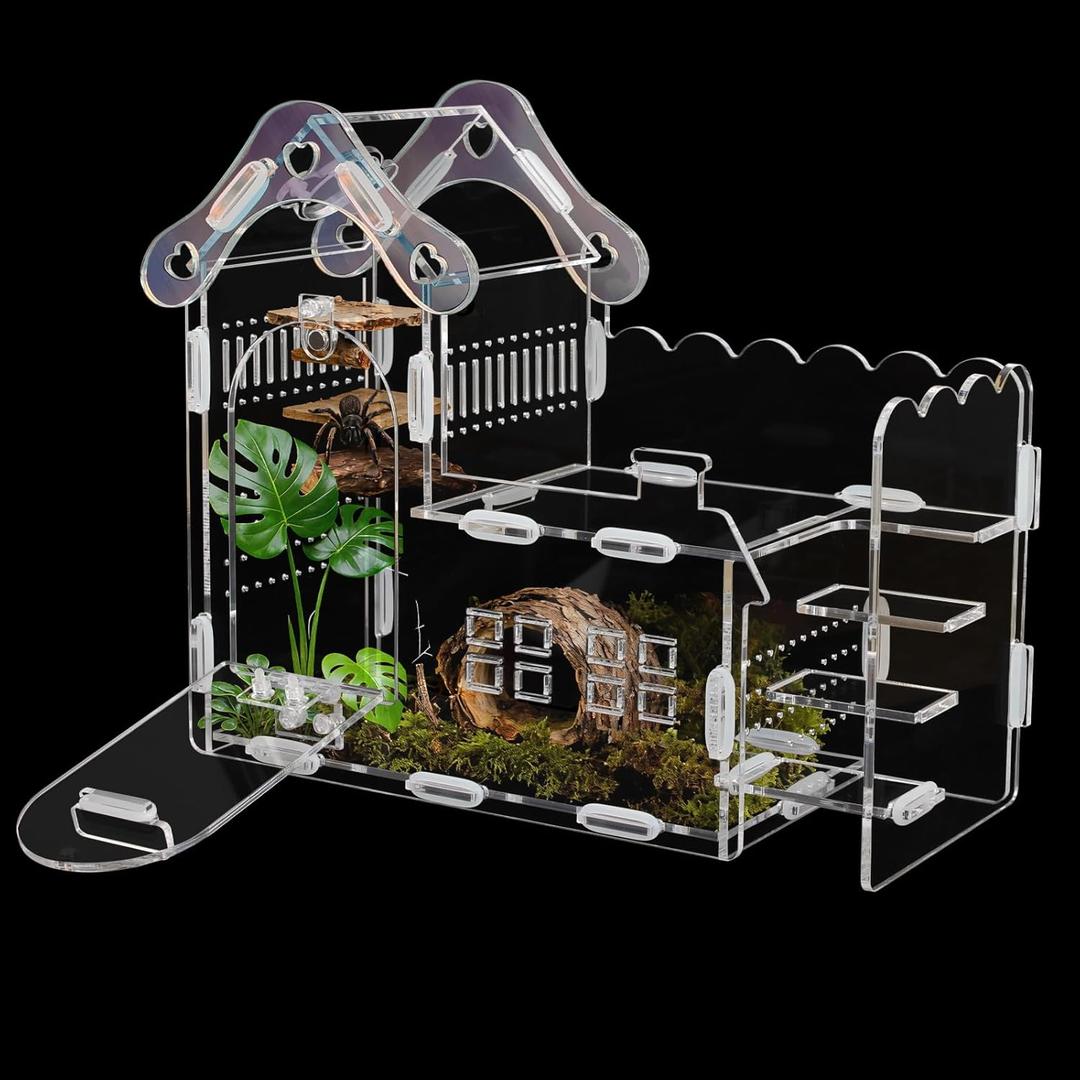 Magnetic Acrylic Jumping Spider Enclosure with Mushroom House, Easy-Feed Hole & Front Opening Terrarium for Tarantula, Mantis, Beetle, Gecko, Hermit Crab, Reptile Habitat