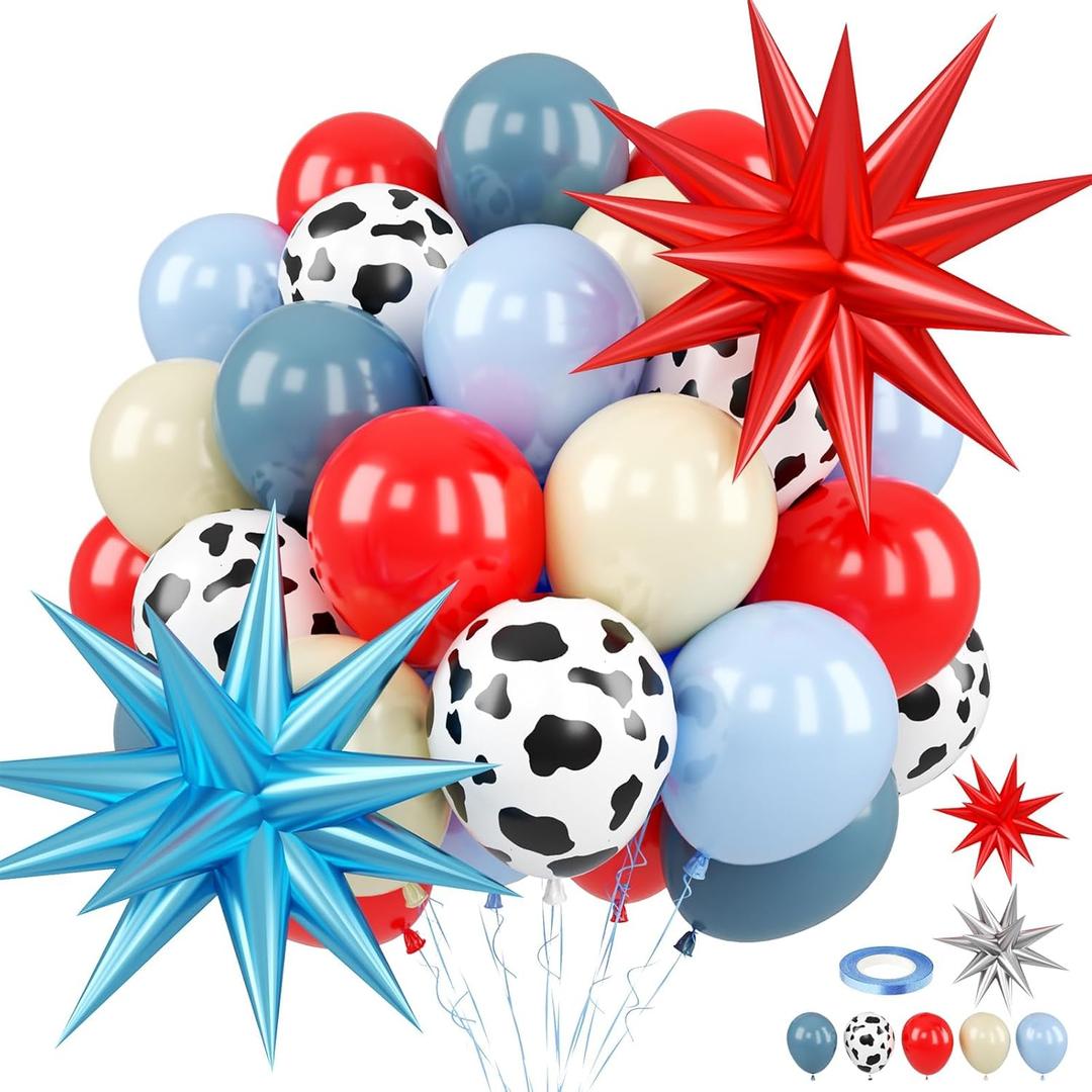 Red Blue Cow Balloons with Star Foil Balloons, Red Dusty Macaron Blue Sand White Cow Print Farm Balloons for Girl Boy Farm Birthday Western Cowboy Theme Party Baby Boy Shower Decorations
