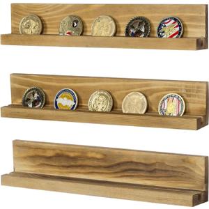 MyGift Challenge Coin Holder Rustic Brown Burnt Wood Casino Chip Display Wall Shelf Rack, Wall Mounted Challenge Coin Display Set of 3