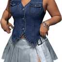 SHENHE Women's Plus Size Denim Vest V Neck Button Down Asymmetrical Y2k Jean Vest Crop Top, 3X-Large Plus
