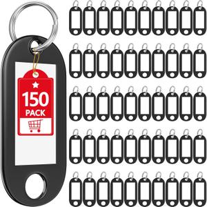 150 Pack Plastic Key Tags with Labels, Black Key Labels Markers Keychain Label Name Identifiers ID Tags with Split Ring for USB Drive Pets Bags Luggage Suitcase Storage