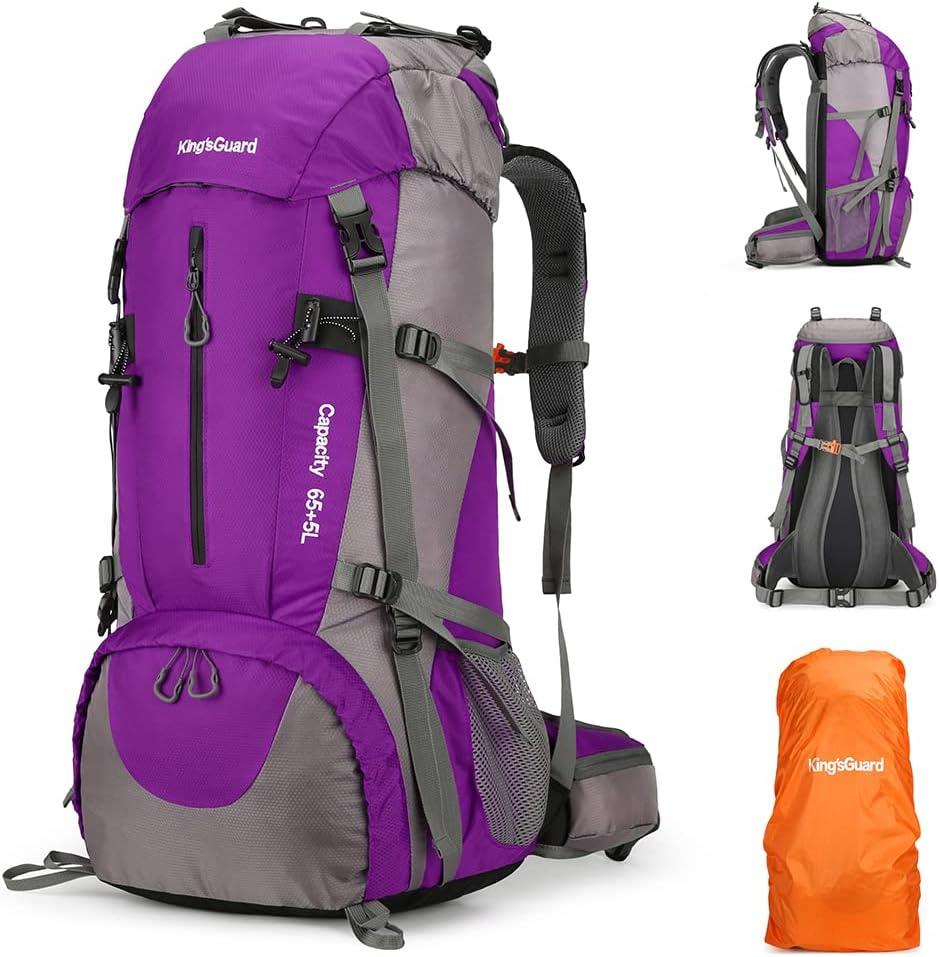 King'sGuard 70L Hiking Backpack with Rain Cover Lightweight Travel Backpack Waterproof Camping Backpack (Purple)