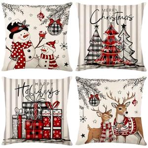 Aursaos Happy Holiday Merry Christmas Plaid Pillow Covers 18x18 Set of 4, Grey Striped Red Buffalo Plaid Snowman Tree Deer Decorative Winter Throw Pillow Case for Couch Sofa Living Room