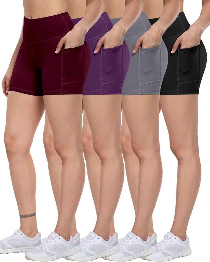 ATHVOTAR Biker Shorts Women with Pockets - 3"/5"/8" High Waisted Workout Spandex Tummy Control Gym Running Yoga Shorts (Small, Black/Gray/Purple/Cassis)