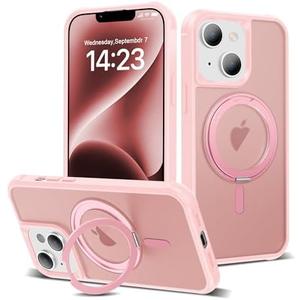 TOKVANZ Designed for iPhone 13/14 Case with 360° Rotatable Magnetic Ring Stand [Compatible Mag-Safe] [Military Grade Protection] Translucent Matte Phone Cases for Women Men 6.1'', Pink
